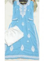 Rayon Sky Blue Casual Wear Lucknowi Chikankari Work Readymade Kurti With Plazzo